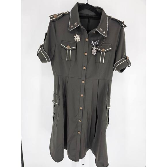 Womens Sz XL Knee Length Military Style Costume Dress Olive Green Pinup - Picture 1 of 5
